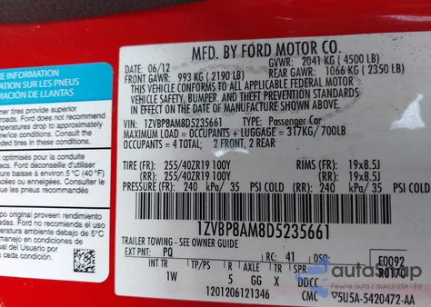 2013 Ford Mustang V6 z USA, uszkodzony, nr VIN 1ZVBP8AM8D5235661